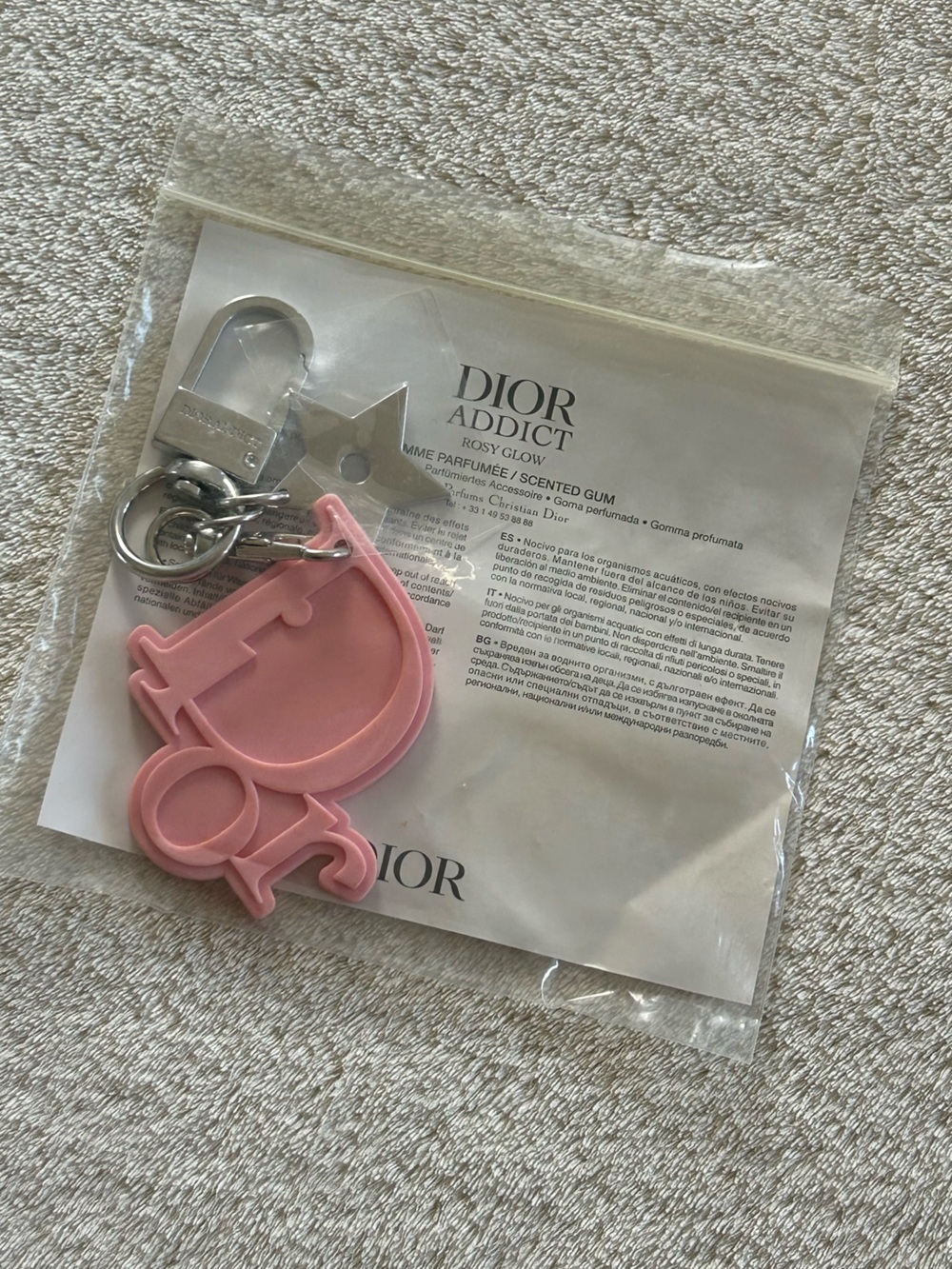 Dior Pink Logo Key Ring Charm with Silver Hardware